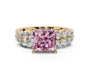 Cluster Engagement Ring Setting for Fancy Pink Princess Cut Center with 2-Row Shoulder Clusters and Prong Head in Yellow Gold