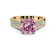 Solitaire Engagement Ring Setting for Fancy Pink Cushion Cut Center with Round Cut Channel Band and Prong Head in Yellow Gold
