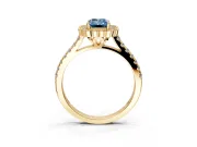 Milgrain Floral Halo Engagement Ring Setting for Fancy Blue Emerald Cut Center with Pave Band and Prong Head in Yellow Gold