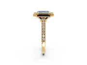 Halo Engagement Ring Setting for Fancy Blue Asscher Cut Center with Milgrain Pave Band and Bezel Head in Yellow Gold