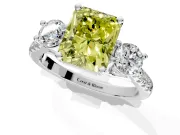 3 Stone Engagement Ring Setting for Fancy Yellow Radiant Cut Center with Crossover Basket, Pave Band and Prong Head in Sterling Silver
