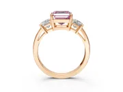3 Stone Engagement Ring Setting for Fancy Pink Asscher Cut Center with Matching Side Accents and Prong Head in Rose Gold