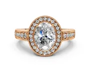 Milgrain Halo Engagement Ring Setting for Oval Center with Pave Band and Prong Head in Rose Gold
