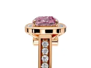 Halo Engagement Ring Setting for Fancy Pink Cushion Cut Center with Outer Bezel Rim, Pave Band and Prong Head in Rose Gold