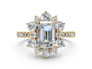 Floral Halo Engagement Ring Setting for Emerald Cut Center with Pave Accents and Prong Head in Yellow Gold