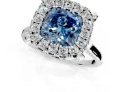 Single Halo Engagement Ring Setting for Fancy Blue Cushion Cut Center with Corner Claws, Plain Band and Prong Head in Sterling Silver