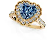 Milgrain Floral Halo Engagement Ring Setting for Fancy Blue Heart-Shaped Center with Pave Band and Prong Head in Yellow Gold