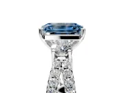 3 Stone Engagement Ring Setting for Fancy Blue Emerald Cut Center with Pave Split Shank and Prong Head in White Gold