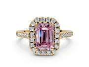 Halo Engagement Ring Setting for Fancy Pink Emerald Cut Center with Narrowing Pave Band and Prong Head in Yellow Gold