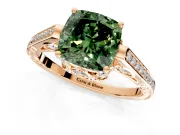 Cathedral Engagement Ring Setting for Fancy Green Cushion Cut Center with Antique-Style Pave Band and Prong Head in Rose Gold
