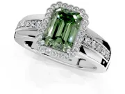 Halo Engagement Ring Setting for Fancy Green Emerald Cut Center with Wide Band, Inlaid Accent Row and Prong Head in Platinum