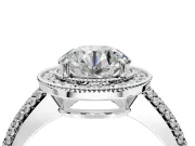 Milgrain Halo Engagement Ring Setting for Round Cut Center with Three-Sided Pave Band and Prong Head in Sterling Silver
