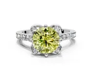 Floral Engagement Ring Setting for Fancy Yellow Round Cut Center with Pave Band and Floral Prong Head in White Gold