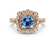 Milgrain Halo Engagement Ring Setting for Fancy Blue Cushion Cut Center with Bezel Point Accents and Prong Head in Rose Gold