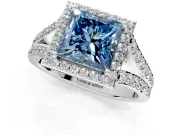 Halo Engagement Ring Setting for Fancy Blue Princess Cut Center with Narrow Pave Split Shank and Prong Head in Platinum