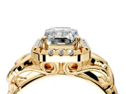 Halo Engagement Ring Setting for Emerald Cut Center with Open Scroll Shoulders and Prong Head in Yellow Gold