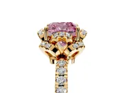 Halo Engagement Ring Setting for Fancy Pink Cushion Cut Center with Openwork Halo, Pave Band and Prong Head in Yellow Gold
