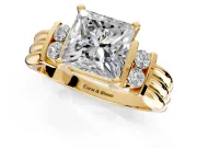 Solitaire Engagement Ring Setting for Princess Cut Center with Grooved Bar Accent Band and Prong Head in Yellow Gold