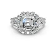 Halo Engagement Ring Setting for Asscher Cut Center with Two-Strand Split Shank and Prong Head in Sterling Silver