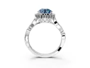 Halo Engagement Ring Setting for Fancy Blue Round Cut Center with Leaf Motif Split Shank and Prong Head in Sterling Silver