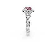 Halo Engagement Ring Setting for Fancy Pink Round Cut Center with Open Scroll Shoulders and Prong Head in Sterling Silver