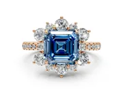 Floral Halo Engagement Ring Setting for Fancy Blue Asscher Cut Center with Pave Accents and Prong Head in Rose Gold
