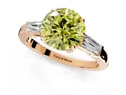 3 Stone Engagement Ring Setting for Fancy Yellow Round Cut Center with Baguette Accents and Prong Head in Rose Gold