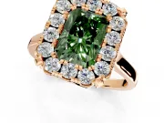 Single Halo Engagement Ring Setting for Fancy Green Radiant Cut Center with Corner Claws, Plain Band and Prong Head in Rose Gold