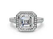 Bezel-Framed Halo Engagement Ring Setting for Asscher Cut Center with Pave Band and Prong Head in White Gold
