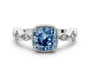 Milgrain Bezel Engagement Ring Setting for Fancy Blue Cushion Cut Center with Marquise Stations and Bezel Head in White Gold