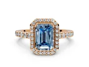 Halo Engagement Ring Setting for Fancy Blue Emerald Cut Center with Inner Milgrain Border and Prong Head in Rose Gold