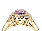 Double Halo Engagement Ring Setting for Fancy Pink Emerald Cut Center with Narrow Pave Split Shank and Prong Head in Yellow Gold