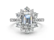 Floral Halo Engagement Ring Setting for Emerald Cut Center with Pave Accents and Prong Head in Sterling Silver
