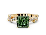 Solitaire Engagement Ring Setting for Fancy Green Princess Cut Center with Bar-Station Pave Twist and Prong Head in Yellow Gold