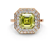 Halo Engagement Ring Setting for Fancy Yellow Asscher Cut Center with Plain Tapered Band and Prong Head in Rose Gold