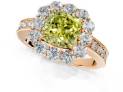 Halo Engagement Ring Setting for Fancy Yellow Cushion Cut Center with Milgrain Channel Band and Prong Head in Rose Gold