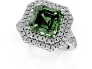 Double Halo Engagement Ring Setting for Fancy Green Asscher Cut Center with Narrow Pave Split Shank and Prong Head in White Gold