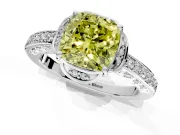 Floral Engagement Ring Setting for Fancy Yellow Cushion Cut Center with Four Accent Clusters and Prong Head in Platinum
