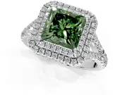 Double Halo Engagement Ring Setting for Fancy Green Princess Cut Center with Narrow Pave Split Shank and Prong Head in Platinum