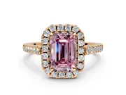 Halo Engagement Ring Setting for Fancy Pink Emerald Cut Center with Raised Halo, Pave Band and Prong Head in Rose Gold
