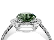 Milgrain Halo Engagement Ring Setting for Fancy Green Round Cut Center with Three-Sided Pave Band and Prong Head in White Gold