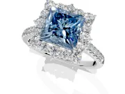 Halo Engagement Ring Setting for Fancy Blue Princess Cut Center with Single-Row Pave, Open Basket and Prong Head in Sterling Silver