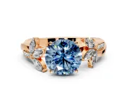 Floral Engagement Ring Setting for Fancy Blue Round Cut Center with Trailing Marquise Accents and Prong Head in Rose Gold