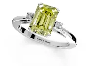 3 Stone Engagement Ring Setting for Fancy Yellow Emerald Cut Center with Low-Set Round Cut Accents and Prong Head in Platinum