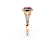 Halo Engagement Ring Setting for Fancy Pink Radiant Cut Center with Pave Split Shank and Prong Head in Rose Gold
