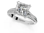 Solitaire Engagement Ring Setting for Princess Cut Center with Pave Rail Split Shank and Prong Head in Sterling Silver