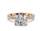 Solitaire Engagement Ring Setting for Heart-Shaped Center with Round Cut Pave Band and Prong Head in Rose Gold