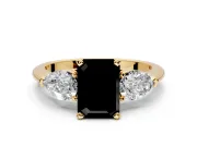 3 Stone Engagement Ring Setting for Fancy Black Emerald Cut Center with Large Pear-Shaped Accents and Prong Head in Yellow Gold