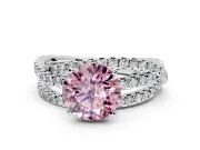 Solitaire Engagement Ring Setting for Fancy Pink Round Cut Center with Woven 3-Strand Pave Band and Prong Head in White Gold