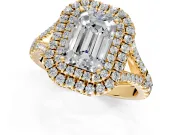 Double Halo Engagement Ring Setting for Emerald Cut Center with Narrow Pave Split Shank and Prong Head in Yellow Gold